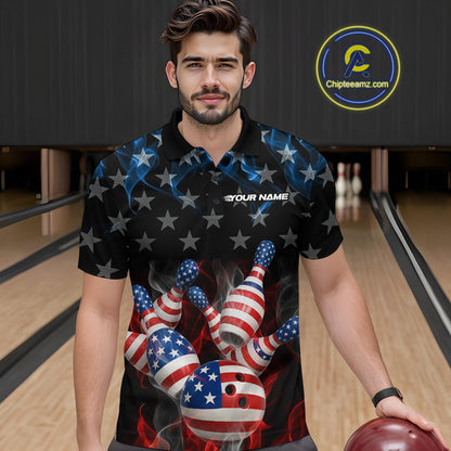 Custom Red And Blue Flame American Flag Patriotic Bowling Men Polo Shirts, Team Uniform IPHW9716