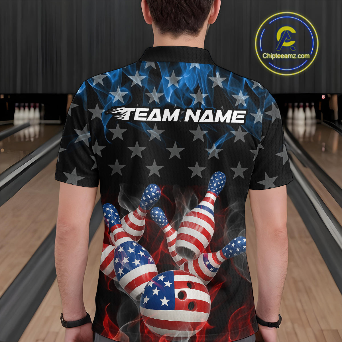Custom Red And Blue Flame American Flag Patriotic Bowling Men Polo Shirts, Team Uniform IPHW9716
