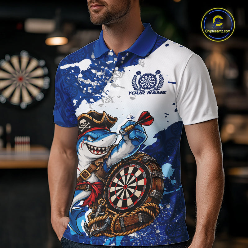 Custom Blue Splatter Funny Shark Pirate Dart Team Men Polo Shirt, Dart Jersey IPHW12648
