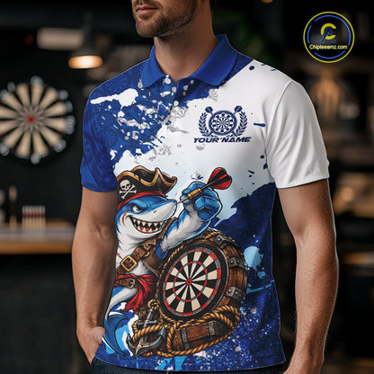 Custom Blue Splatter Funny Shark Pirate Dart Team Men Polo Shirt, Dart Jersey IPHW12648