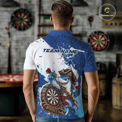 Custom Blue Splatter Funny Shark Pirate Dart Team Men Polo Shirt, Dart Jersey IPHW12648