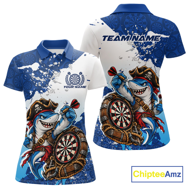 Custom Blue Splatter Funny Shark Pirate Dart Team Women Polo Shirt, Dart Jersey IPHW12648