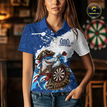 Custom Blue Splatter Funny Shark Pirate Dart Team Women Polo Shirt, Dart Jersey IPHW12648