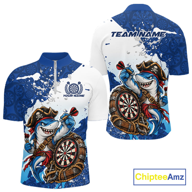 Custom Blue Splatter Funny Shark Pirate Dart Team Men Quarter Zip Shirt, Dart Jersey IPHW12648