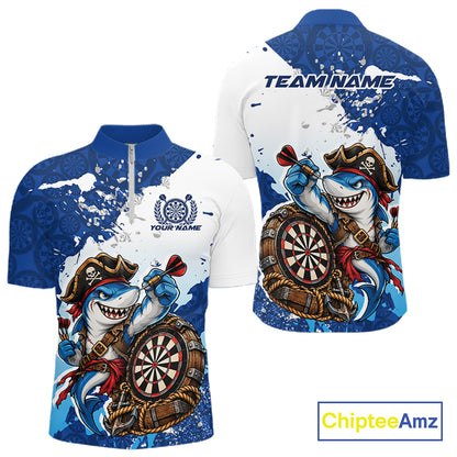 Custom Blue Splatter Funny Shark Pirate Dart Team Men Quarter Zip Shirt, Dart Jersey IPHW12648