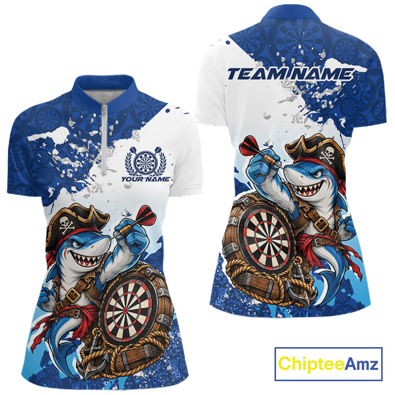Custom Blue Splatter Funny Shark Pirate Dart Team Women Quarter-Zip Shirt, Dart Jersey IPHW12648