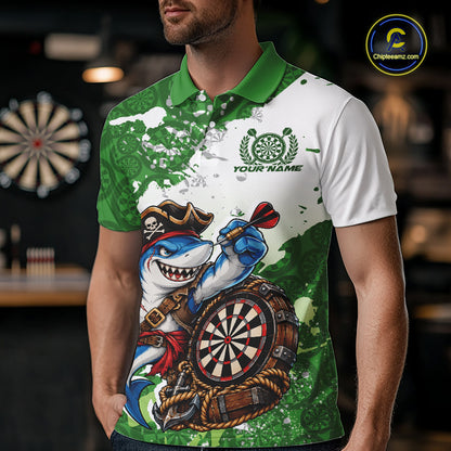 Custom Green Splatter Funny Shark Pirate Dart Team Men Polo Shirt, Dart Jersey IPHW12649