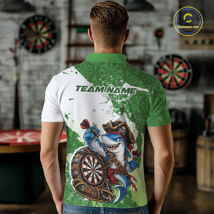 Custom Green Splatter Funny Shark Pirate Dart Team Men Polo Shirt, Dart Jersey IPHW12649