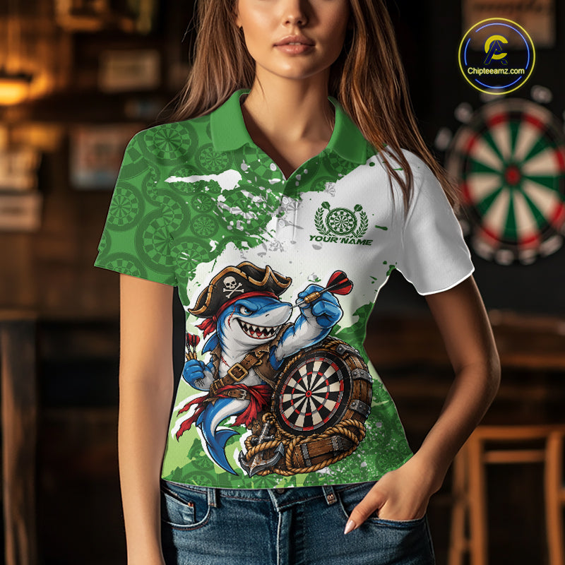 Custom Green Splatter Funny Shark Pirate Dart Team Women Polo Shirt, Dart Jersey IPHW12649
