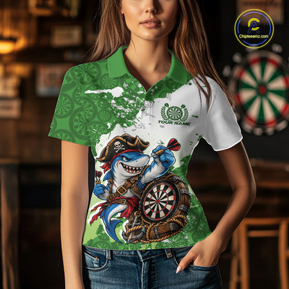 Custom Green Splatter Funny Shark Pirate Dart Team Women Polo Shirt, Dart Jersey IPHW12649