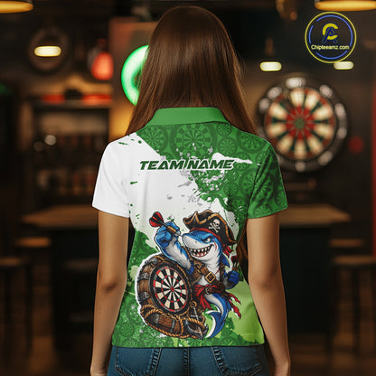 Custom Green Splatter Funny Shark Pirate Dart Team Women Polo Shirt, Dart Jersey IPHW12649