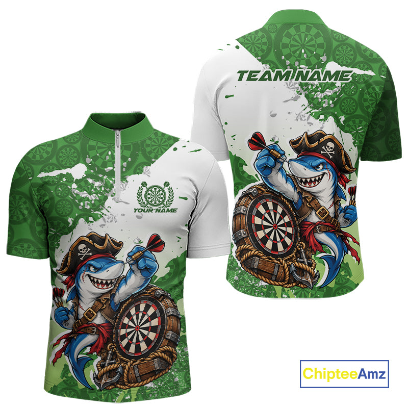 Custom Green Splatter Funny Shark Pirate Dart Team Men Quarter Zip Shirt, Dart Jersey IPHW12649