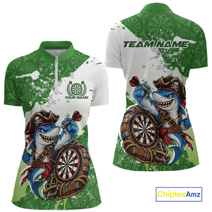Custom Green Splatter Funny Shark Pirate Dart Team Women Quarter-Zip Shirt, Dart Jersey IPHW12649