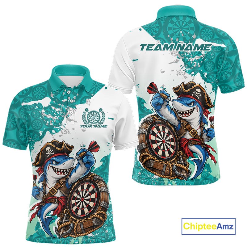 Custom Teal Blue Splatter Funny Shark Pirate Dart Team Men Polo Shirt, Dart Jersey IPHW12650