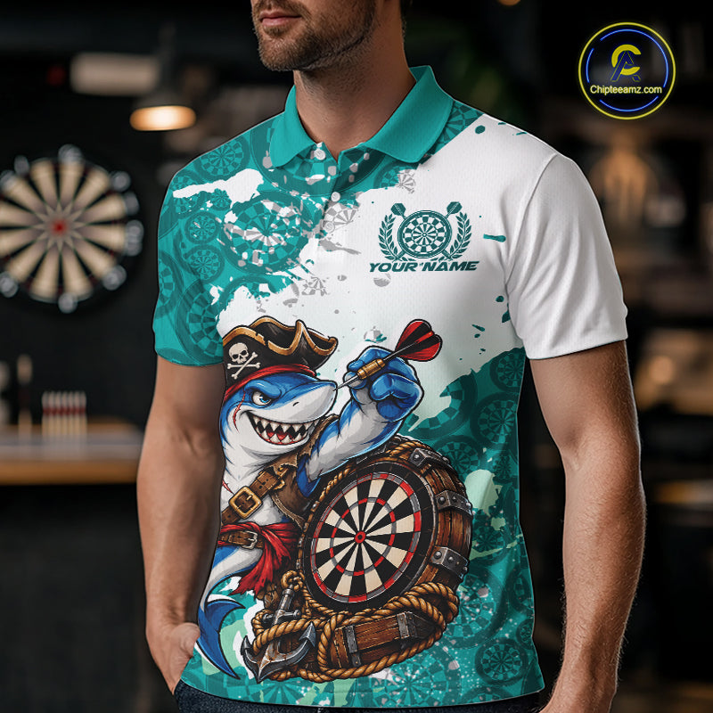 Custom Teal Blue Splatter Funny Shark Pirate Dart Team Men Polo Shirt, Dart Jersey IPHW12650