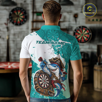 Custom Teal Blue Splatter Funny Shark Pirate Dart Team Men Polo Shirt, Dart Jersey IPHW12650