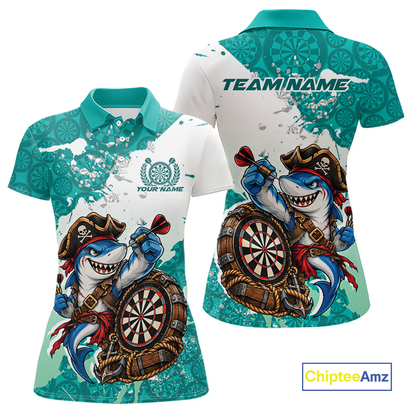 Custom Teal Blue Splatter Funny Shark Pirate Dart Team Women Polo Shirt, Dart Jersey IPHW12650