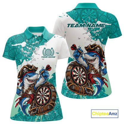 Custom Teal Blue Splatter Funny Shark Pirate Dart Team Women Polo Shirt, Dart Jersey IPHW12650
