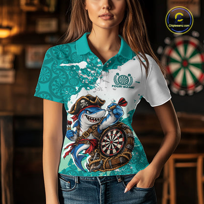 Custom Teal Blue Splatter Funny Shark Pirate Dart Team Women Polo Shirt, Dart Jersey IPHW12650
