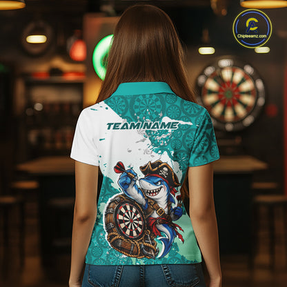 Custom Teal Blue Splatter Funny Shark Pirate Dart Team Women Polo Shirt, Dart Jersey IPHW12650