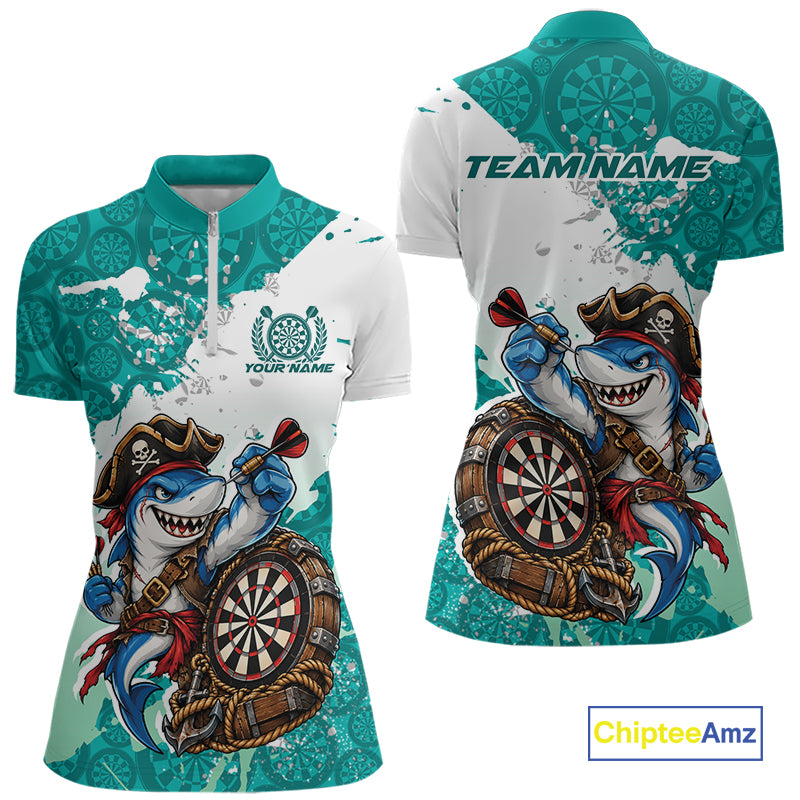 Custom Teal Blue Splatter Funny Shark Pirate Dart Women Quarter-Zip Shirt, Dart Jersey IPHW12650