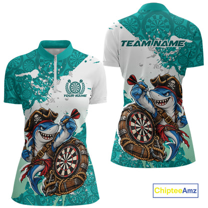 Custom Teal Blue Splatter Funny Shark Pirate Dart Women Quarter-Zip Shirt, Dart Jersey IPHW12650