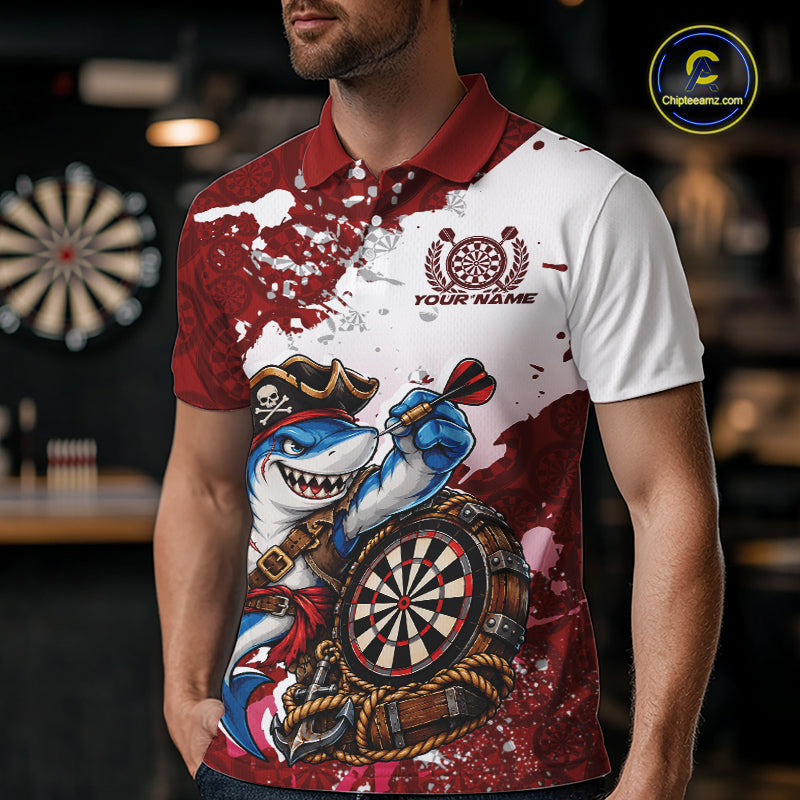 Custom Red Splatter Funny Shark Pirate Dart Team Men Polo Shirt, Dart Jersey IPHW12651