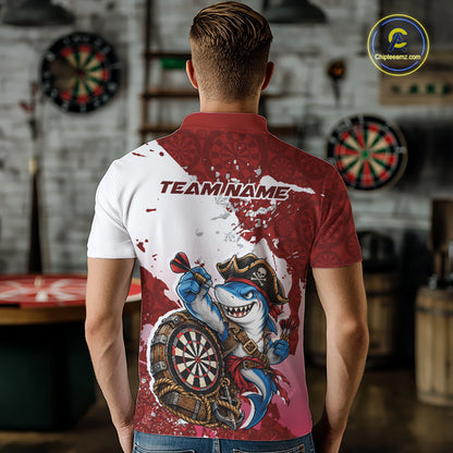 Custom Red Splatter Funny Shark Pirate Dart Team Men Polo Shirt, Dart Jersey IPHW12651