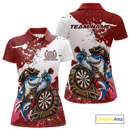 Custom Red Splatter Funny Shark Pirate Dart Team Women Polo Shirt, Dart Jersey IPHW12651