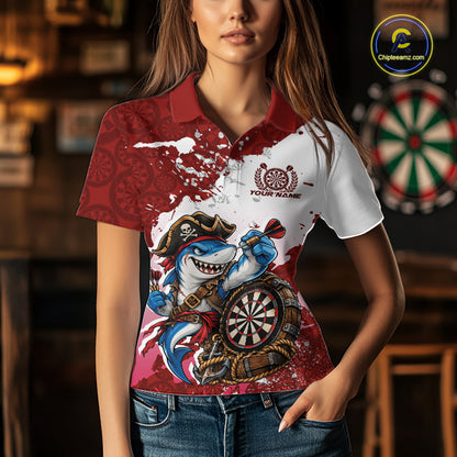 Custom Red Splatter Funny Shark Pirate Dart Team Women Polo Shirt, Dart Jersey IPHW12651