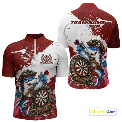 Custom Red Splatter Funny Shark Pirate Dart Team Men Quarter Zip Shirt, Dart Jersey IPHW12651