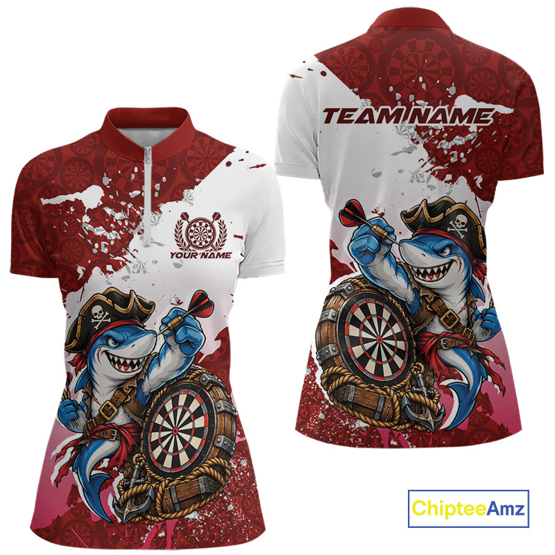 Custom Red Splatter Funny Shark Pirate Dart Team Women Quarter-Zip Shirt, Dart Jersey IPHW12651