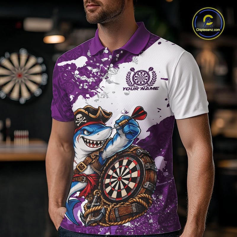 Custom Purple Splatter Funny Shark Pirate Dart Team Men Polo Shirt, Dart Jersey IPHW12652