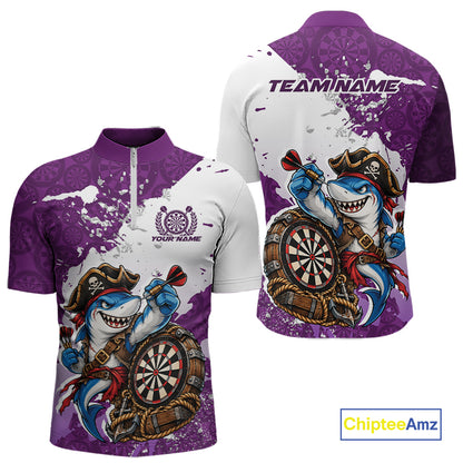Custom Purple Splatter Funny Shark Pirate Dart Team Men Quarter Zip Shirt, Dart Jersey IPHW12652