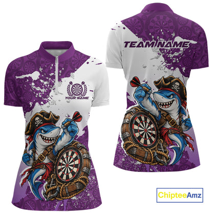Custom Purple Splatter Funny Shark Pirate Dart Team Women Quarter-Zip Shirt, Dart Jersey IPHW12652