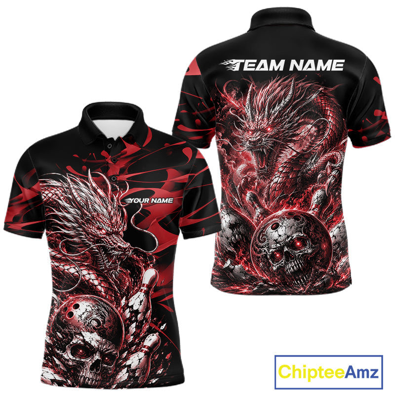 Personalised black and red flaming dragon bowling shirt featuring a skull bowling ball and flying pins artwork