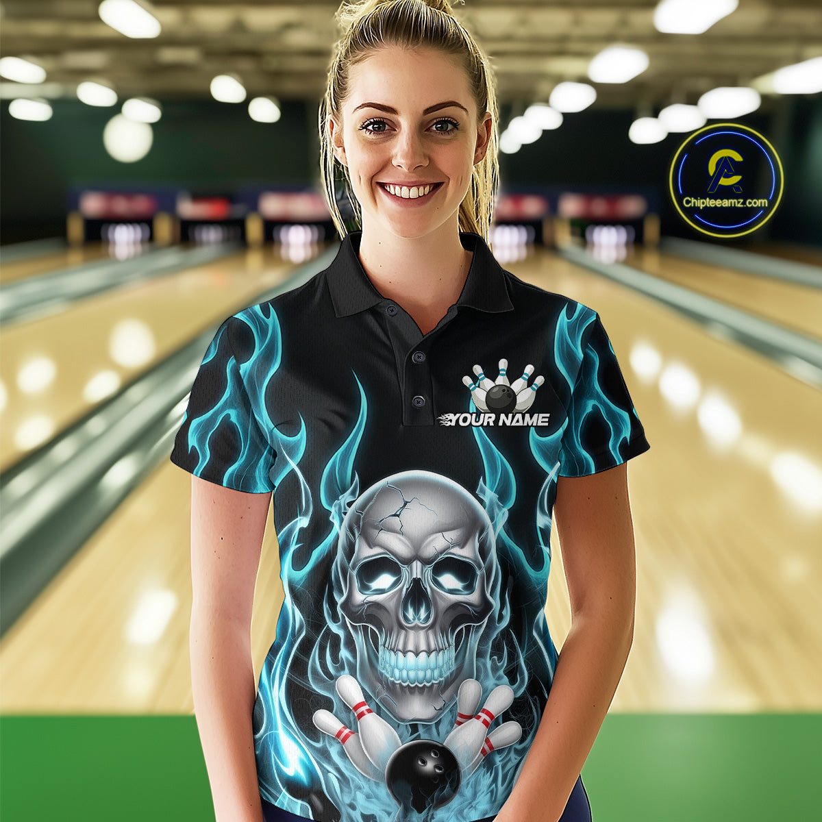 Custom Blue Fire Flame Skull Bowling Polo Shirts For Women, Halloween Bowling Team Outfit IPHW9491