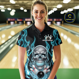 Custom Blue Fire Flame Skull Bowling Polo Shirts For Women, Halloween Bowling Team Outfit IPHW9491