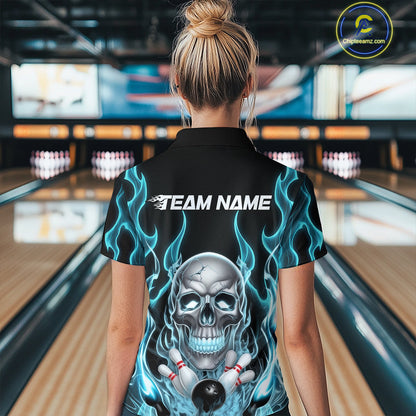Custom Blue Fire Flame Skull Bowling Polo Shirts For Women, Halloween Bowling Team Outfit IPHW9491