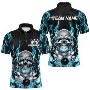 Custom Blue Fire Flame Skull Bowling Polo Shirts For Men, Halloween Bowling Team Outfit IPHW9491