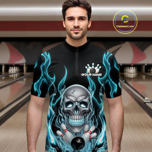 Custom Blue Fire Flame Skull Bowling Quarter-Zip Shirts For Men, Halloween Bowling Team Outfit IPHW9491