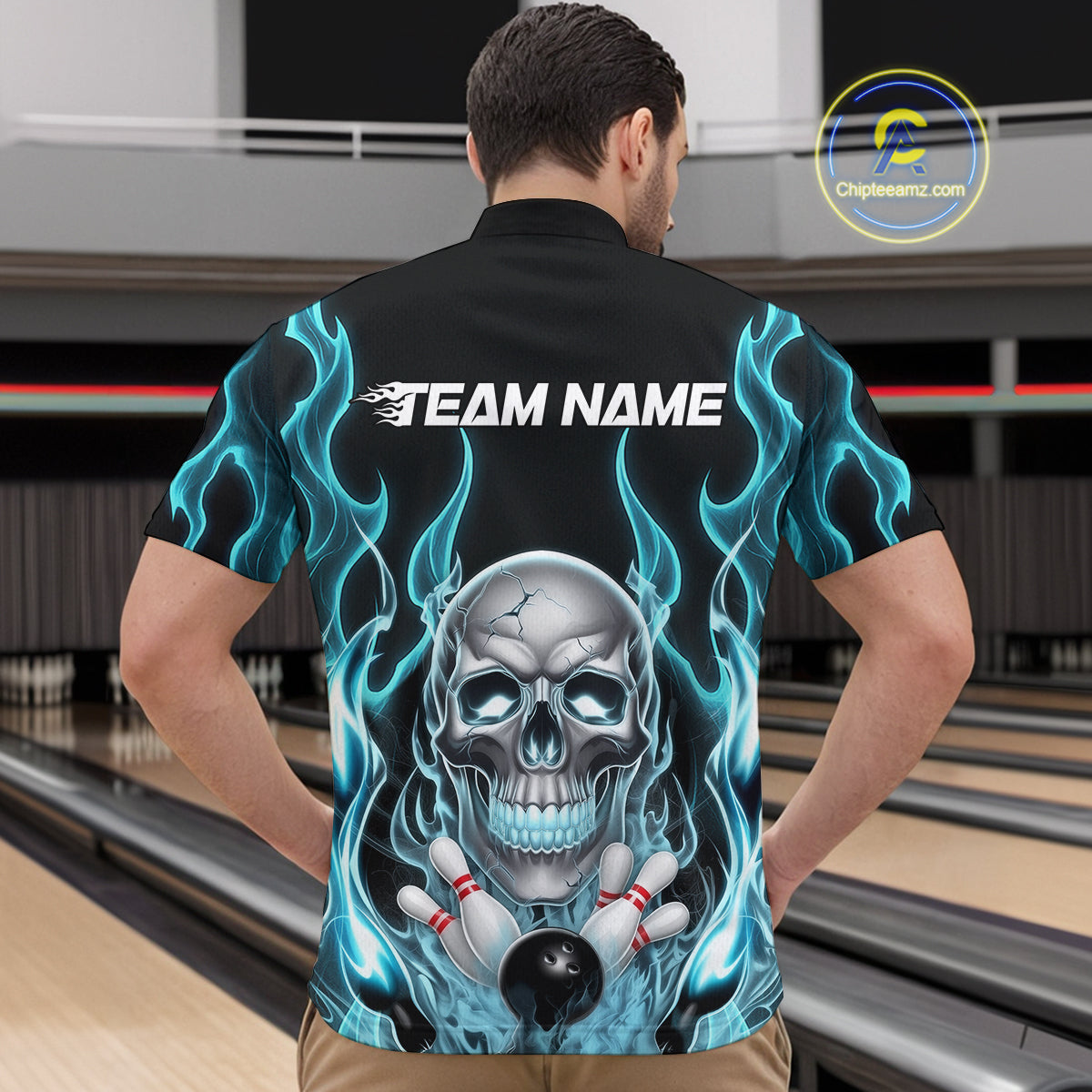Custom Blue Fire Flame Skull Bowling Quarter-Zip Shirts For Men, Halloween Bowling Team Outfit IPHW9491