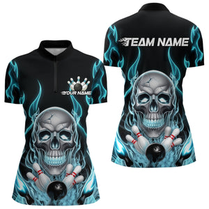 Custom Blue Fire Flame Skull Bowling Women Quarter-Zip Shirt, Halloween Bowling Outfit IPHW9491