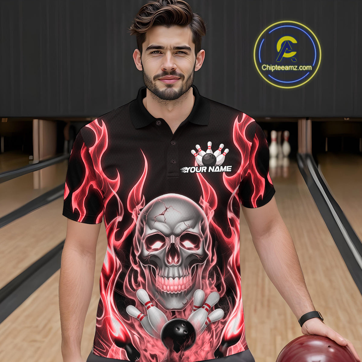Custom Red Fire Flame Skull Bowling Polo Shirts For Men, Halloween Bowling Team Outfit IPHW9492
