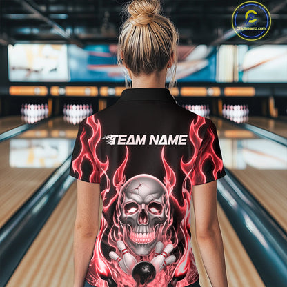 Custom Red Fire Flame Skull Bowling Women Quarter-Zip Shirt, Halloween Bowling Outfit IPHW9492