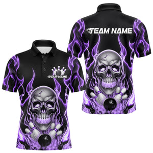 Custom Purple Fire Flame Skull Bowling Polo Shirts For Men, Halloween Bowling Team Outfit IPHW9493