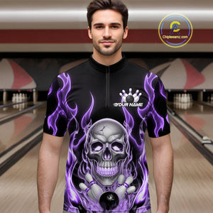 Custom Purple Fire Flame Skull Bowling Quarter-Zip Shirts For Men, Halloween Bowling Team Outfit IPHW9493