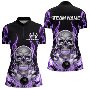 Custom Purple Fire Flame Skull Bowling Women Quarter-Zip Shirt, Halloween Bowling Outfit IPHW9493