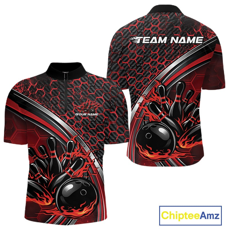 Front and back view of a mens bowling quarter zip shirt mockup in black and red, featuring honeycomb pattern with a flaming bowling ball striking pins.