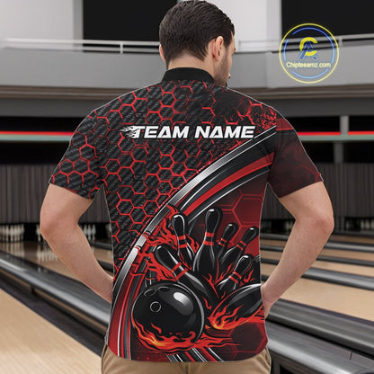 Male model in a bowling venue wearing a black and red quarter zip shirt, showcasing honeycomb pattern with a flaming bowling ball hitting pins.